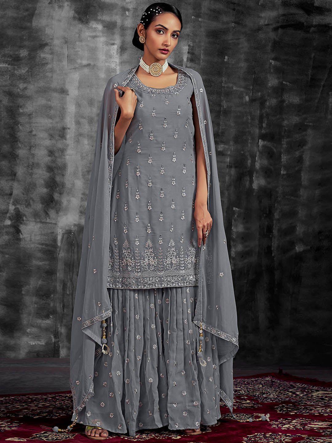 fusionic ethnic motifs embroidered mirror work kurti with sharara & dupatta