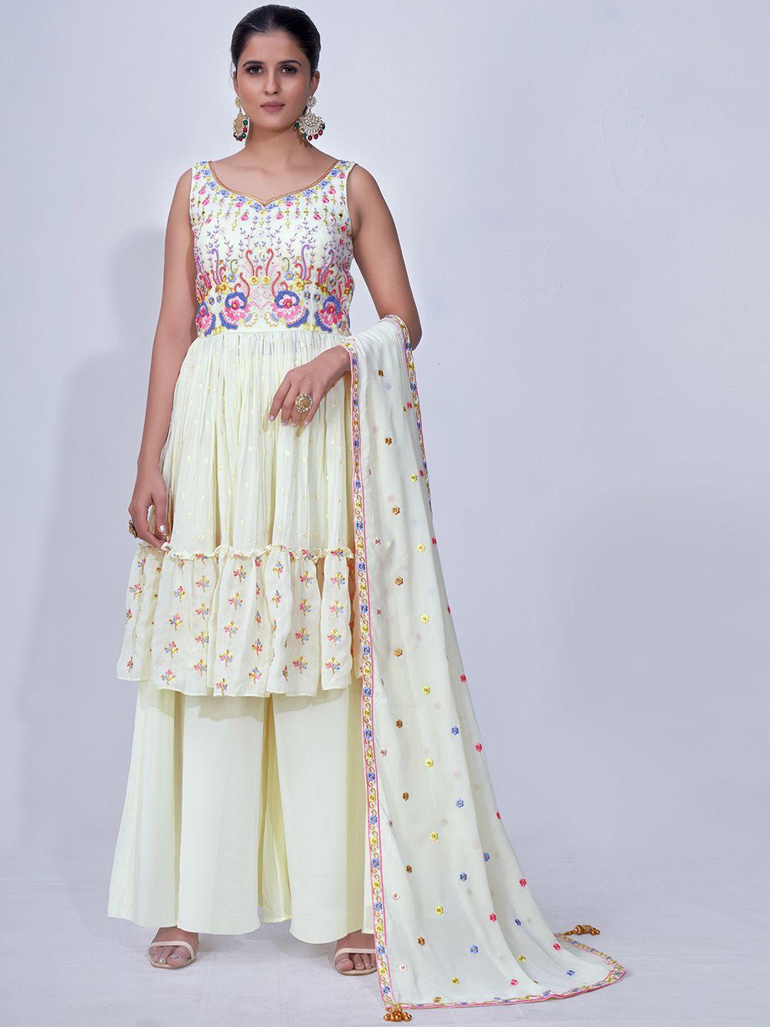 fusionic ethnic motifs embroidered pleated mirror work kurta with palazzos & dupatta