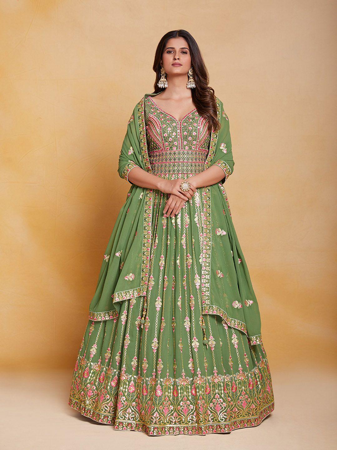 fusionic ethnicmotif embroidered sweetheart neck sequinned georgette ethnic dress& dupatta