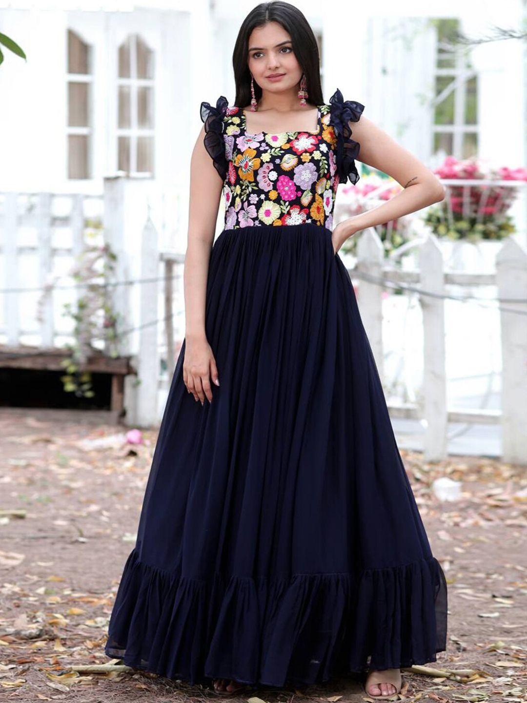 fusionic floral embroidered square neck georgette ruffles ethnic gown