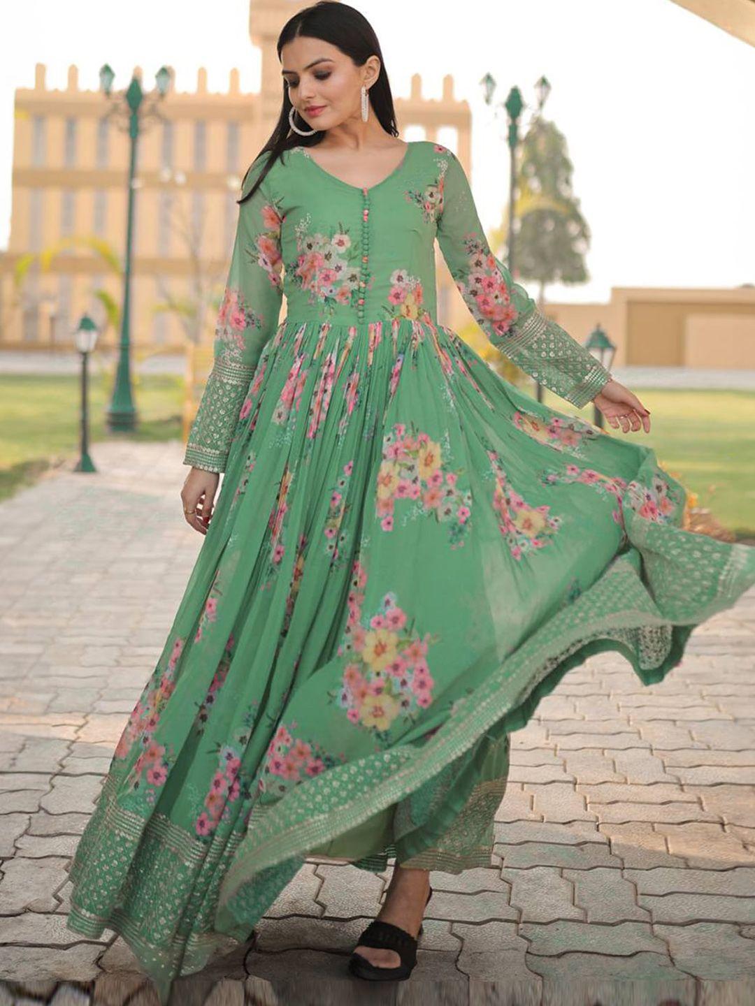 fusionic floral printed & embroidered georgette ethnic gown