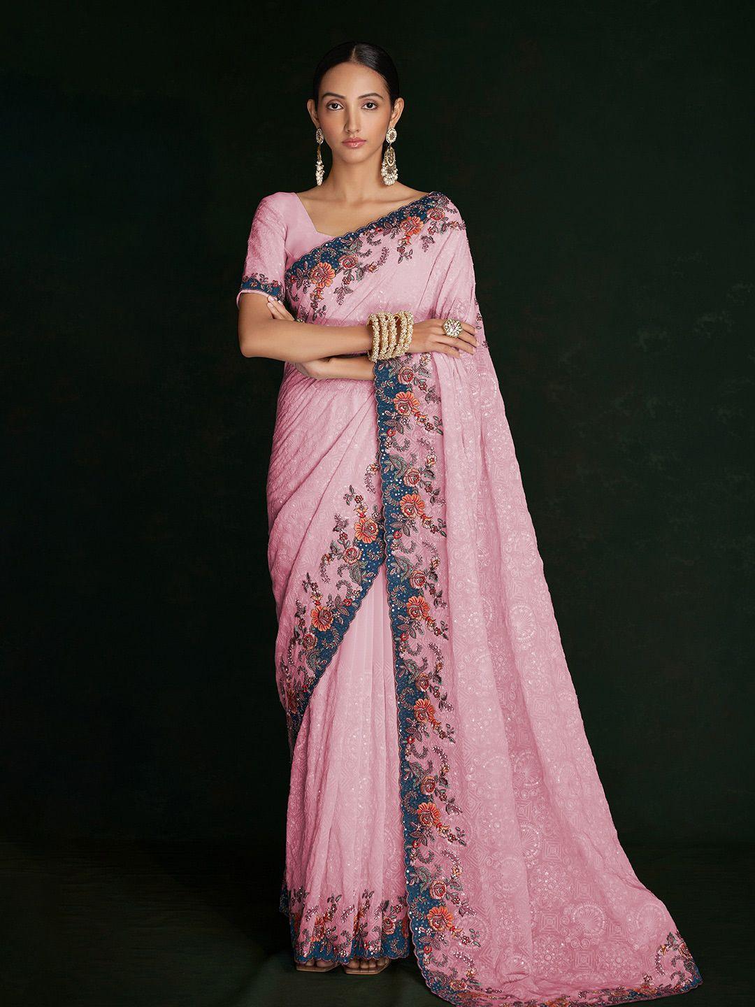 fusionic floral printed embroidered pure georgette saree