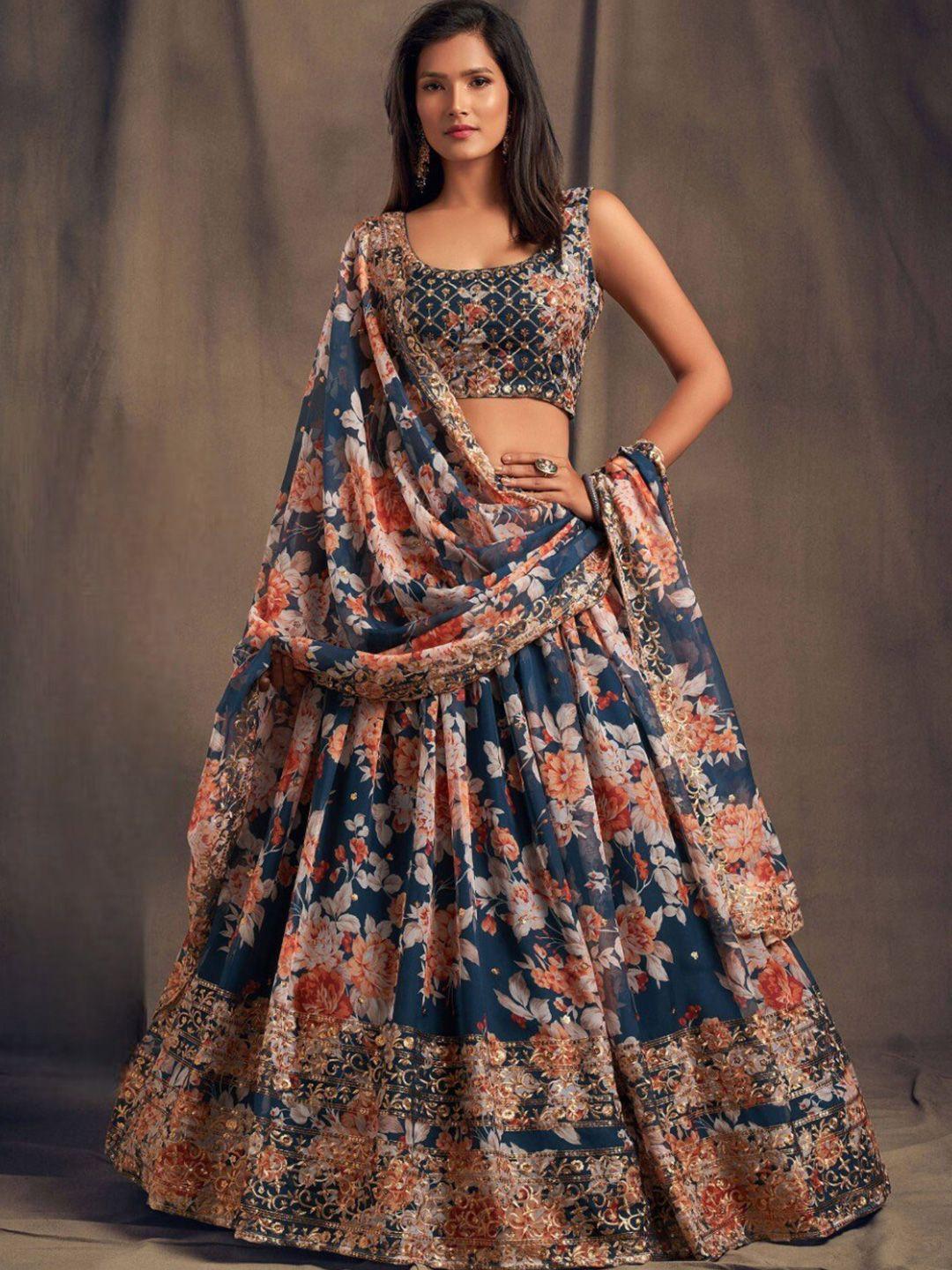 fusionic floral printed thread work semi-stitched lehenga & unstitched blouse with dupatta