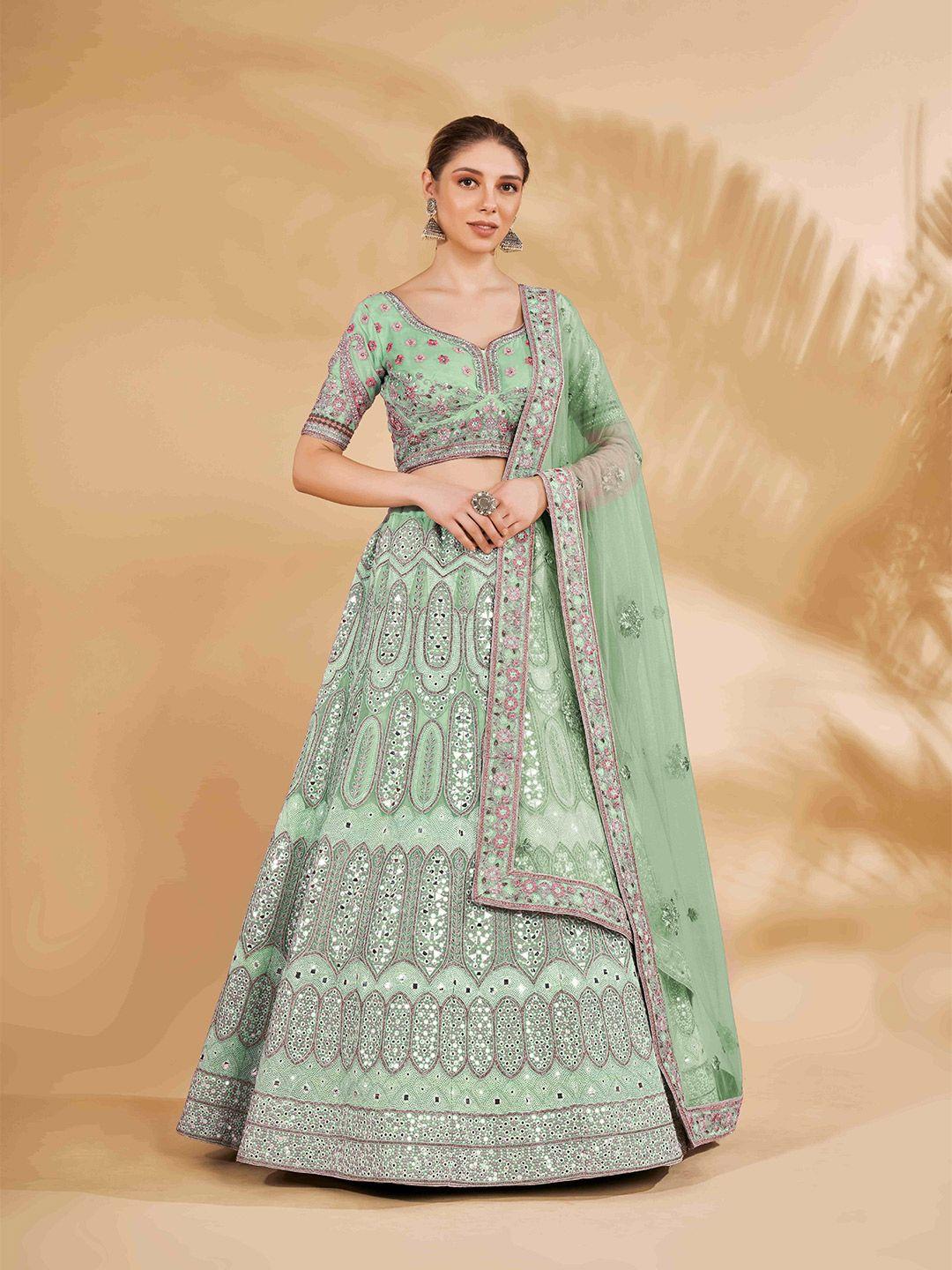 fusionic green & silver-toned embroidered semi-stitched lehenga & unstitched blouse with dupatta