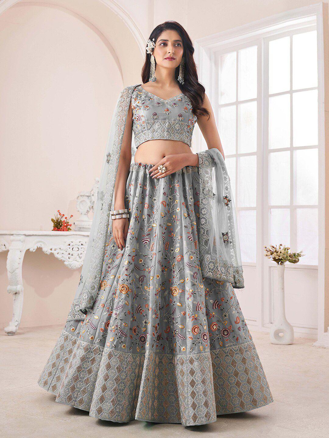 fusionic grey & orange embroidered thread work semi-stitched lehenga & unstitched blouse with dupatta