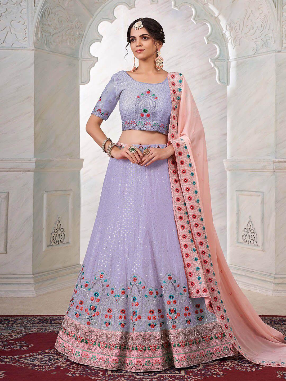 fusionic lavender & red embroidered thread work semi-stitched lehenga & unstitched blouse with dupatta