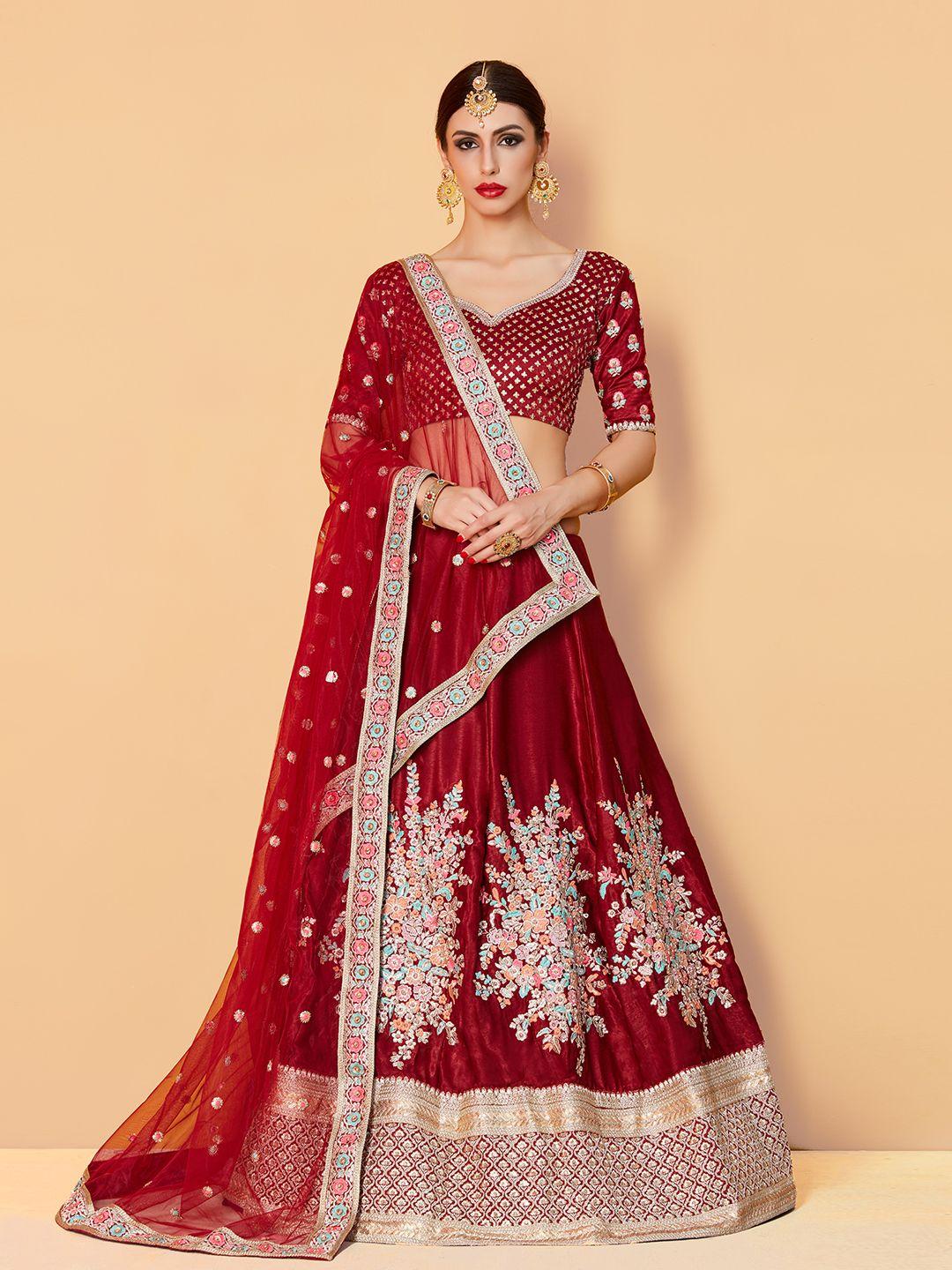 fusionic maroon & pink embroidered thread work semi-stitched lehenga & unstitched blouse with dupatta