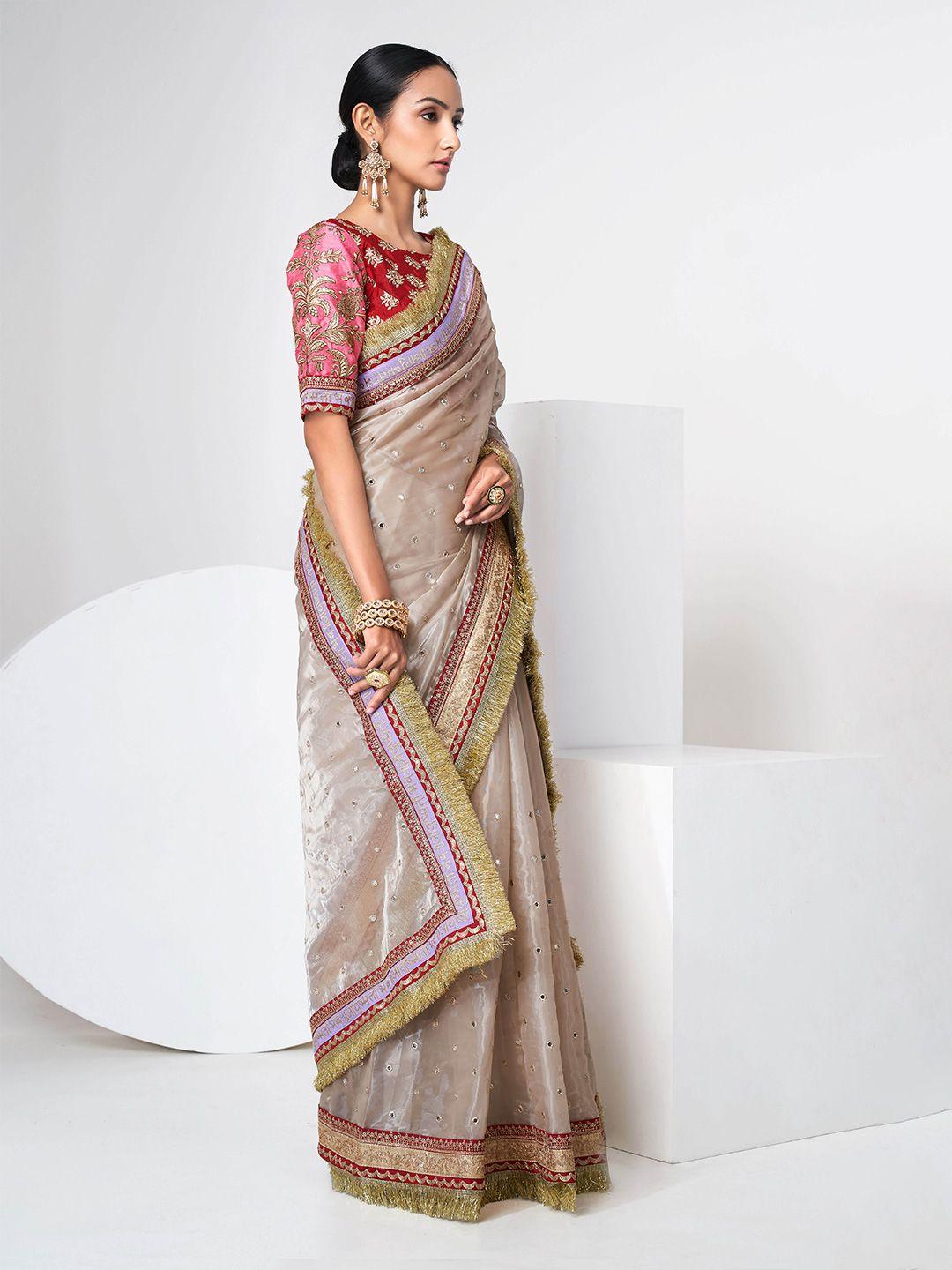 fusionic mirror work embellished tissue saree