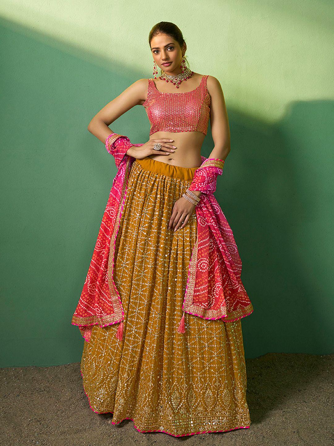 fusionic mustard & pink embroidered sequinned semi-stitched lehenga & unstitched blouse with dupatta