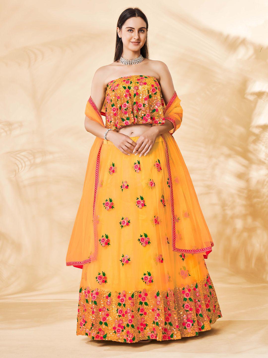 fusionic mustard yellow embroidered semi-stitched lehenga & unstitched blouse with dupatta