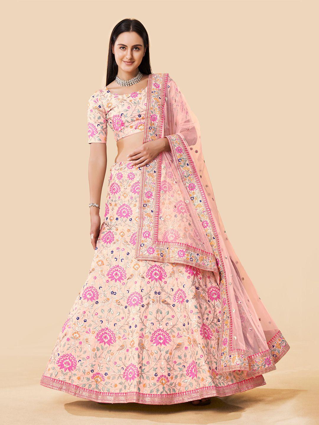 fusionic pink & off white embroidered semi-stitched lehenga & unstitched blouse with dupatta