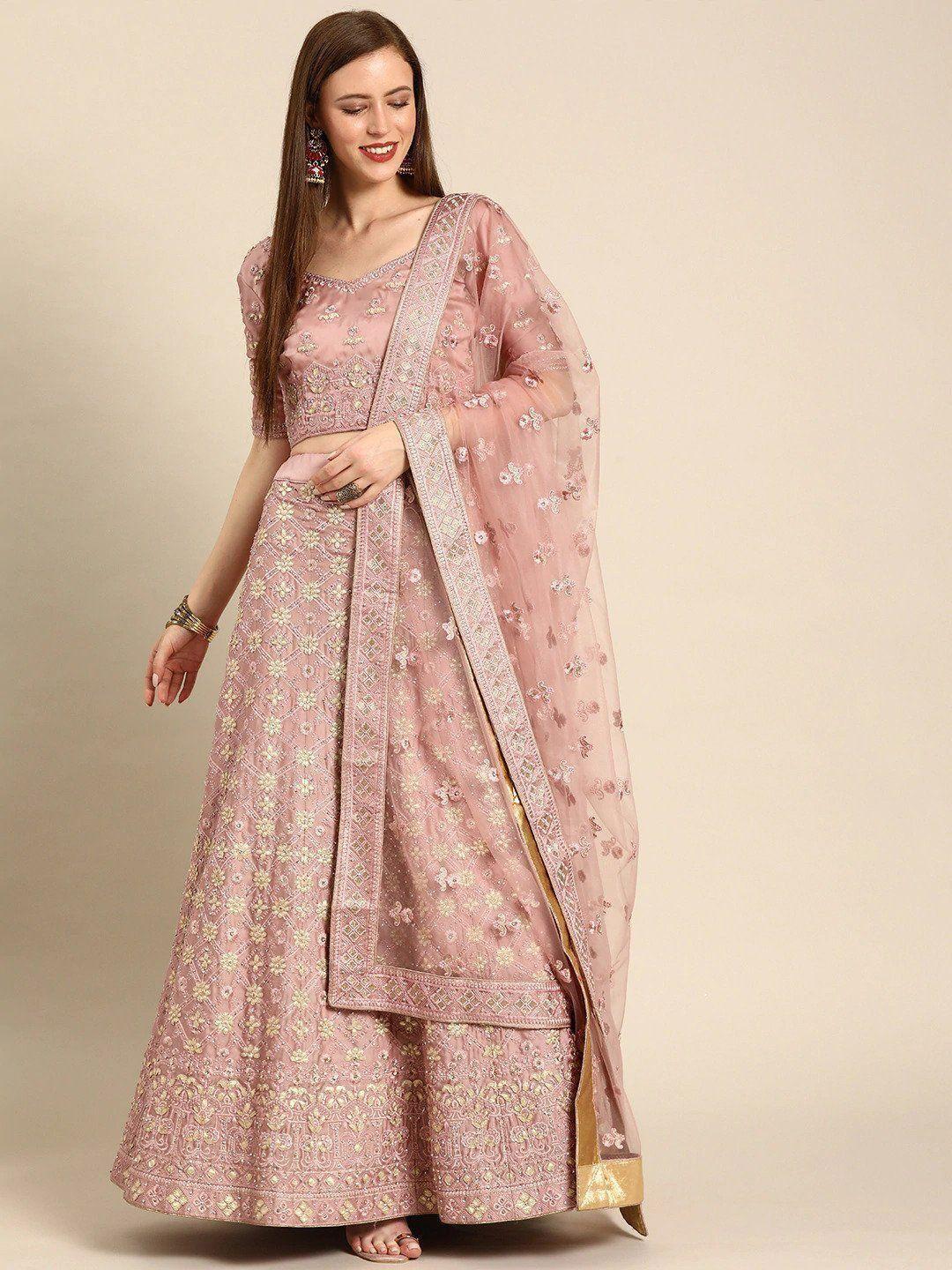 fusionic pink embroidered semi-stitched lehenga & unstitched blouse with dupatta