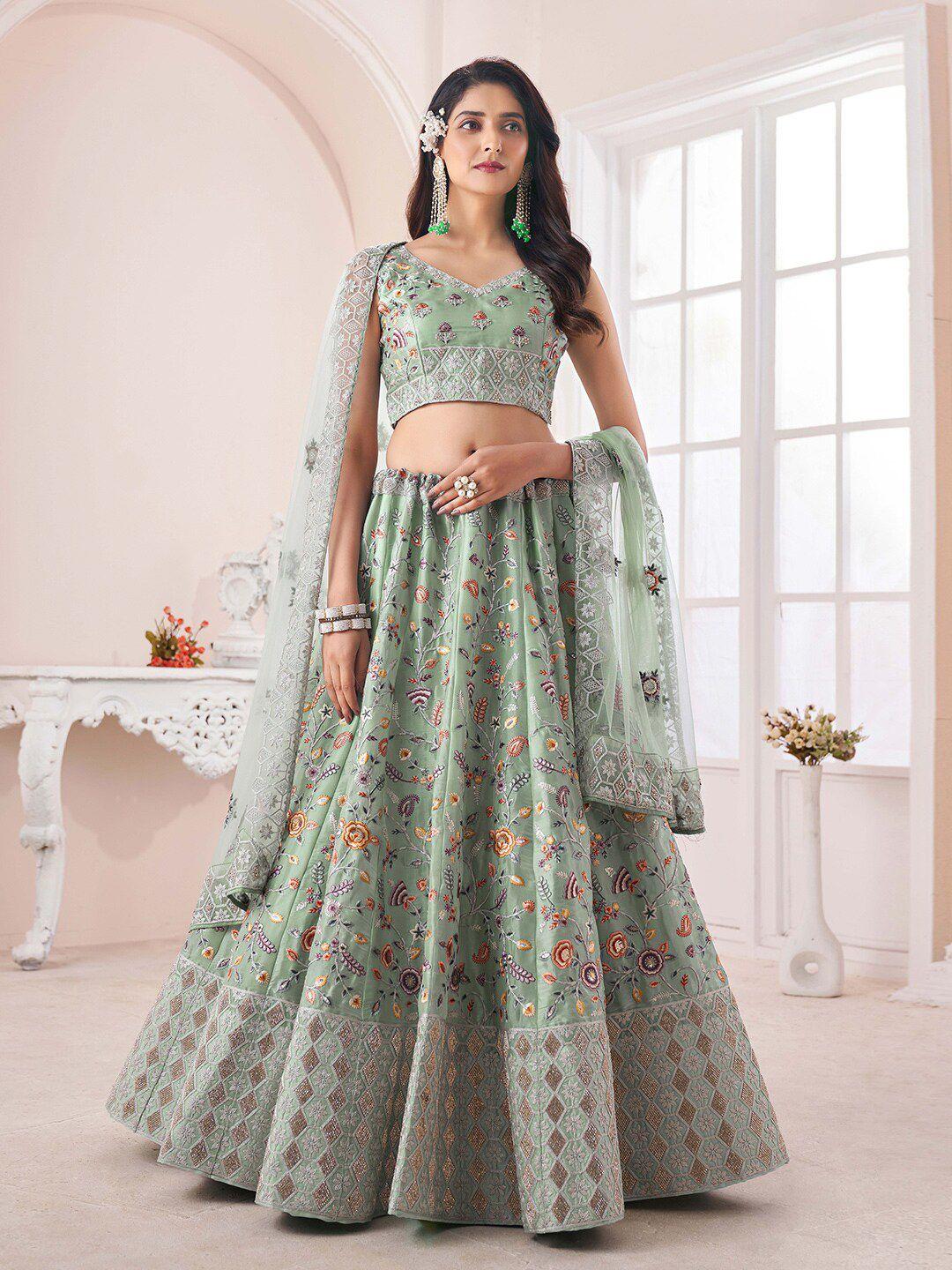 fusionic sea green & pink embroidered thread work semi-stitched lehenga & unstitched blouse with dupatta