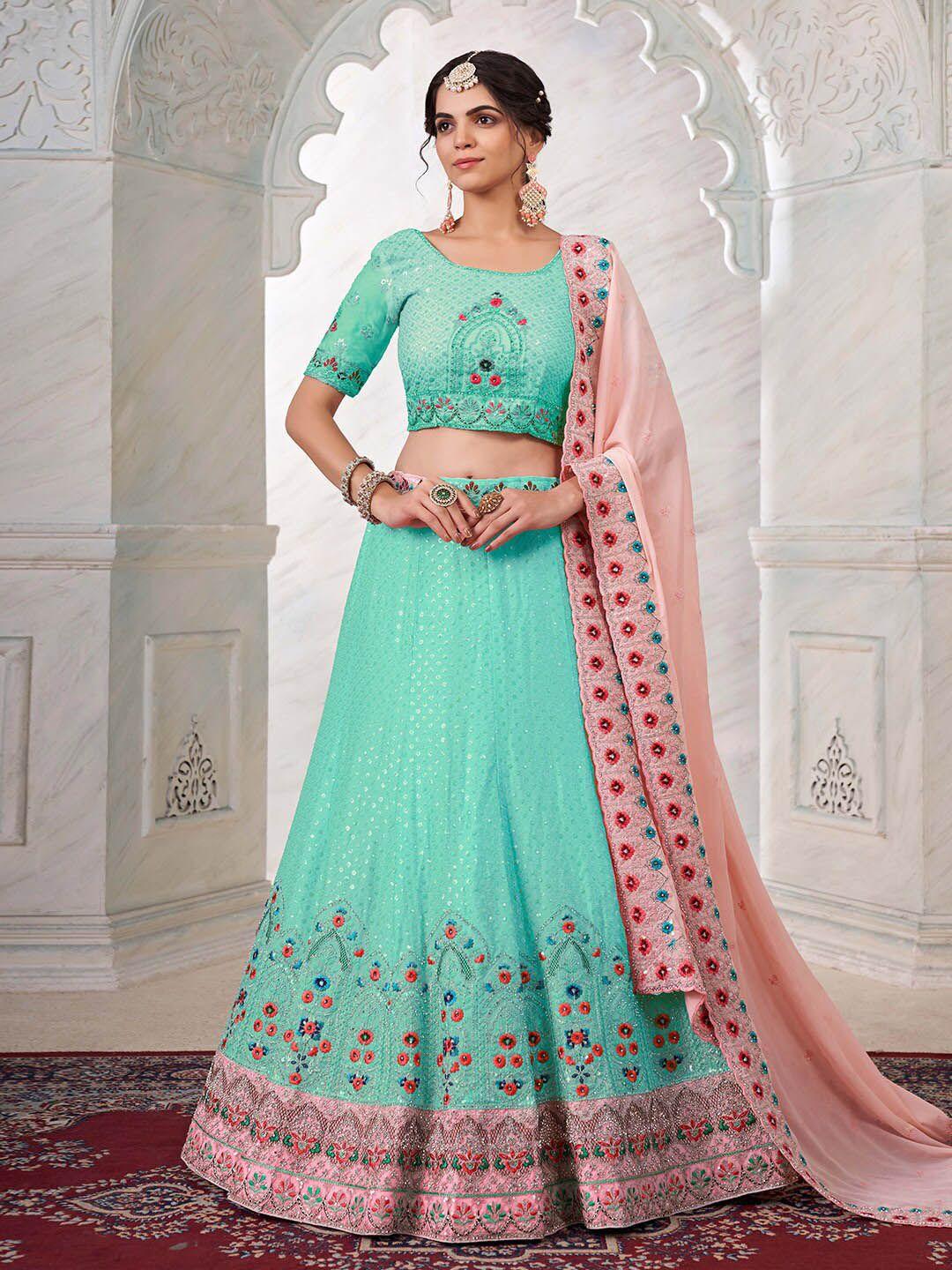 fusionic turquoise blue & pink embroidered thread work semi-stitched lehenga & unstitched blouse with dupatta