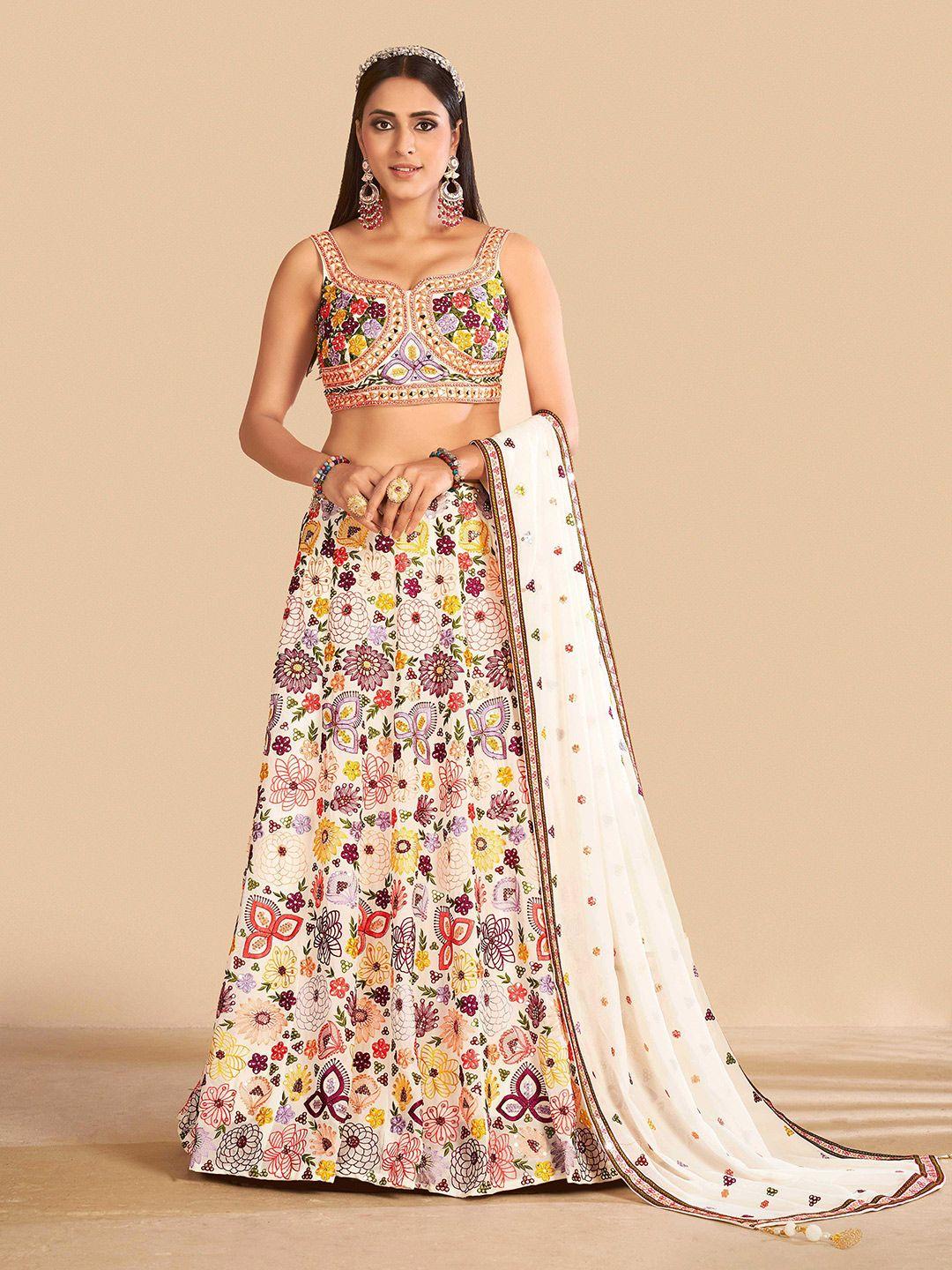 fusionic white & red embroidered mirror work semi-stitched lehenga & unstitched blouse with dupatta