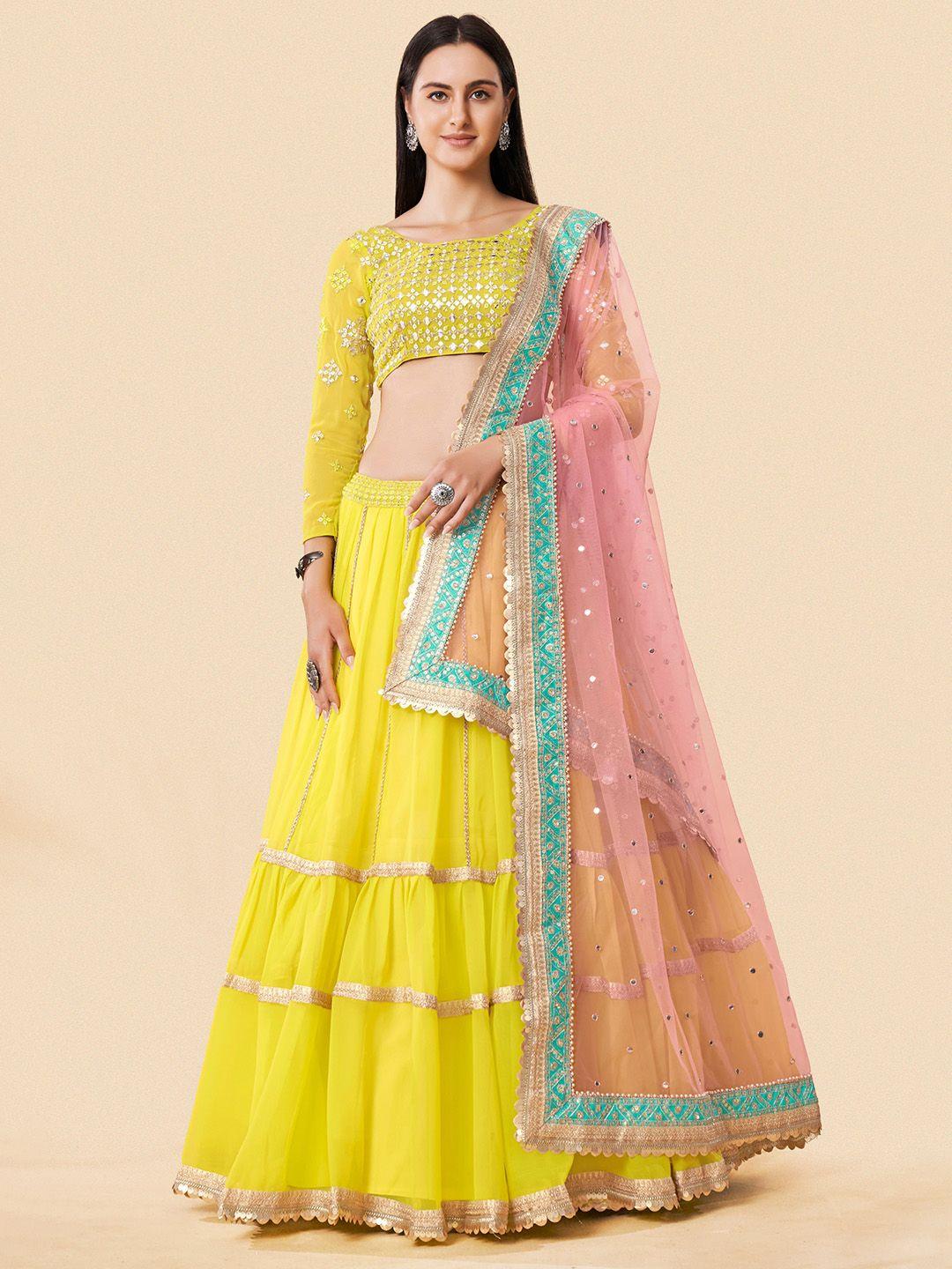 fusionic yellow & blue embroidered semi-stitched lehenga & unstitched blouse with dupatta