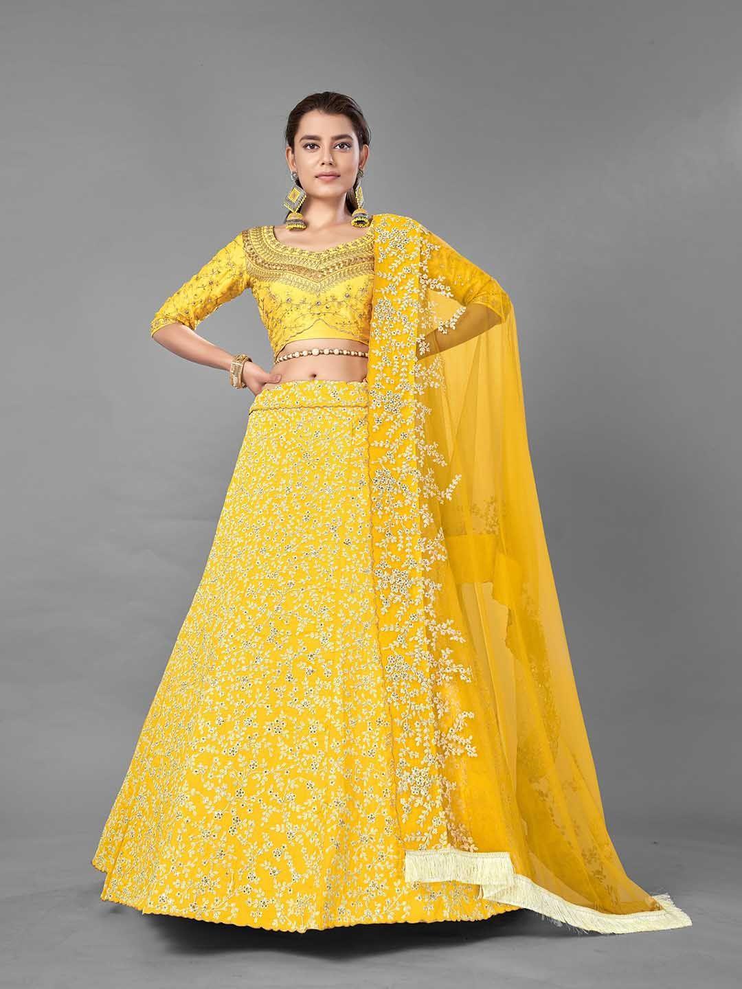 fusionic yellow & gold-toned embroidered semi-stitched lehenga & unstitched blouse with dupatta