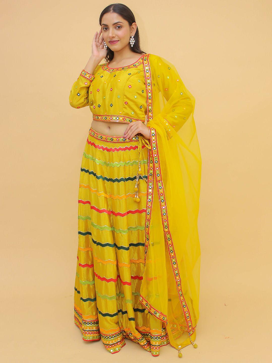 fusionic yellow & green embroidered semi-stitched lehenga & unstitched blouse with dupatta