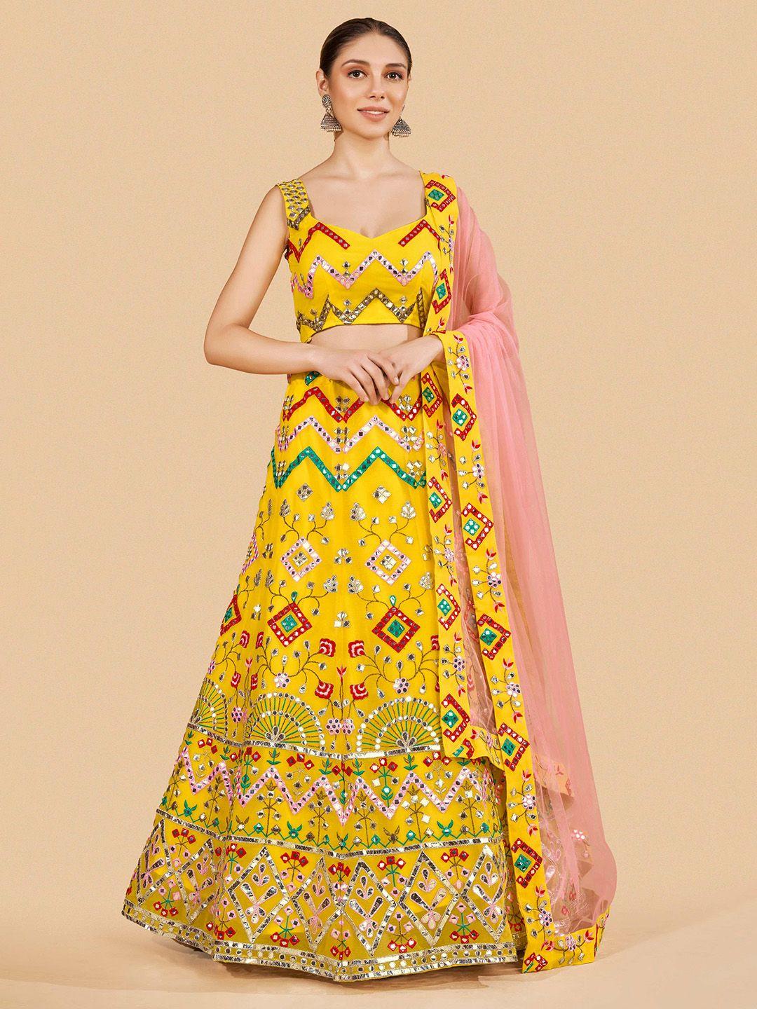 fusionic yellow & pink embroidered semi-stitched lehenga & unstitched blouse with dupatta