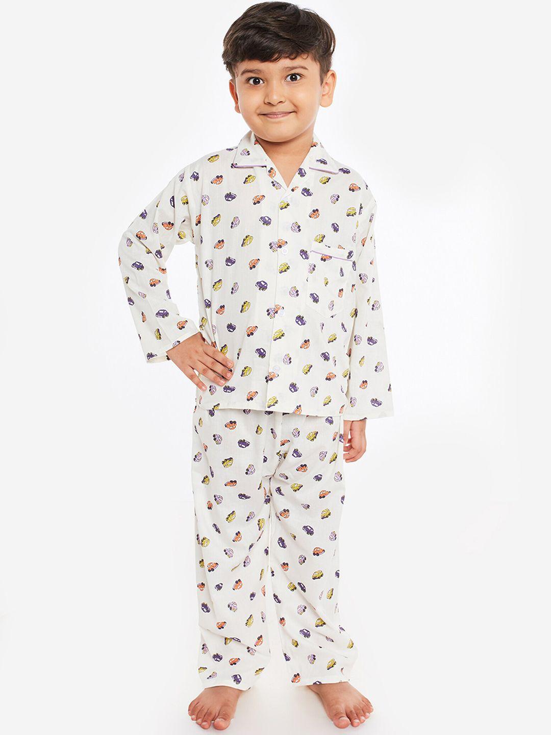 fuzzy bear boys cream-coloured & purple printed night suit