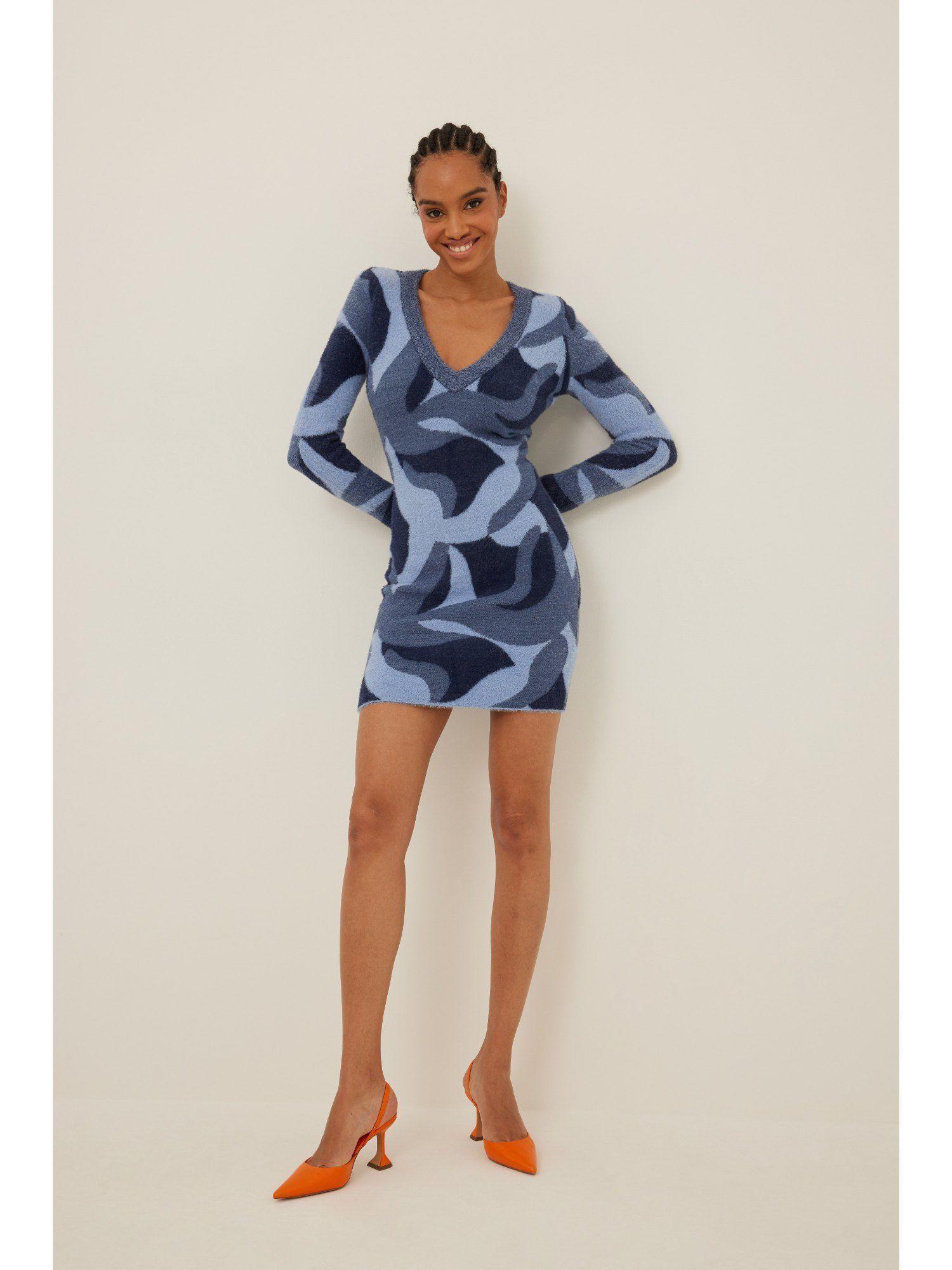 fuzzy knitted pattern mini dress-blue mix