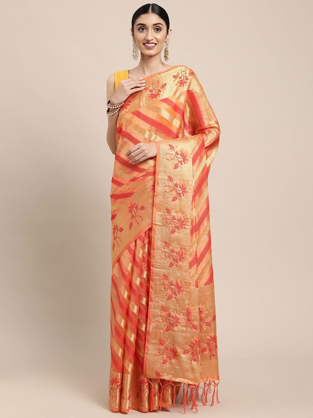 gajarai beige & gold-toned woven design zari organza banarasi saree