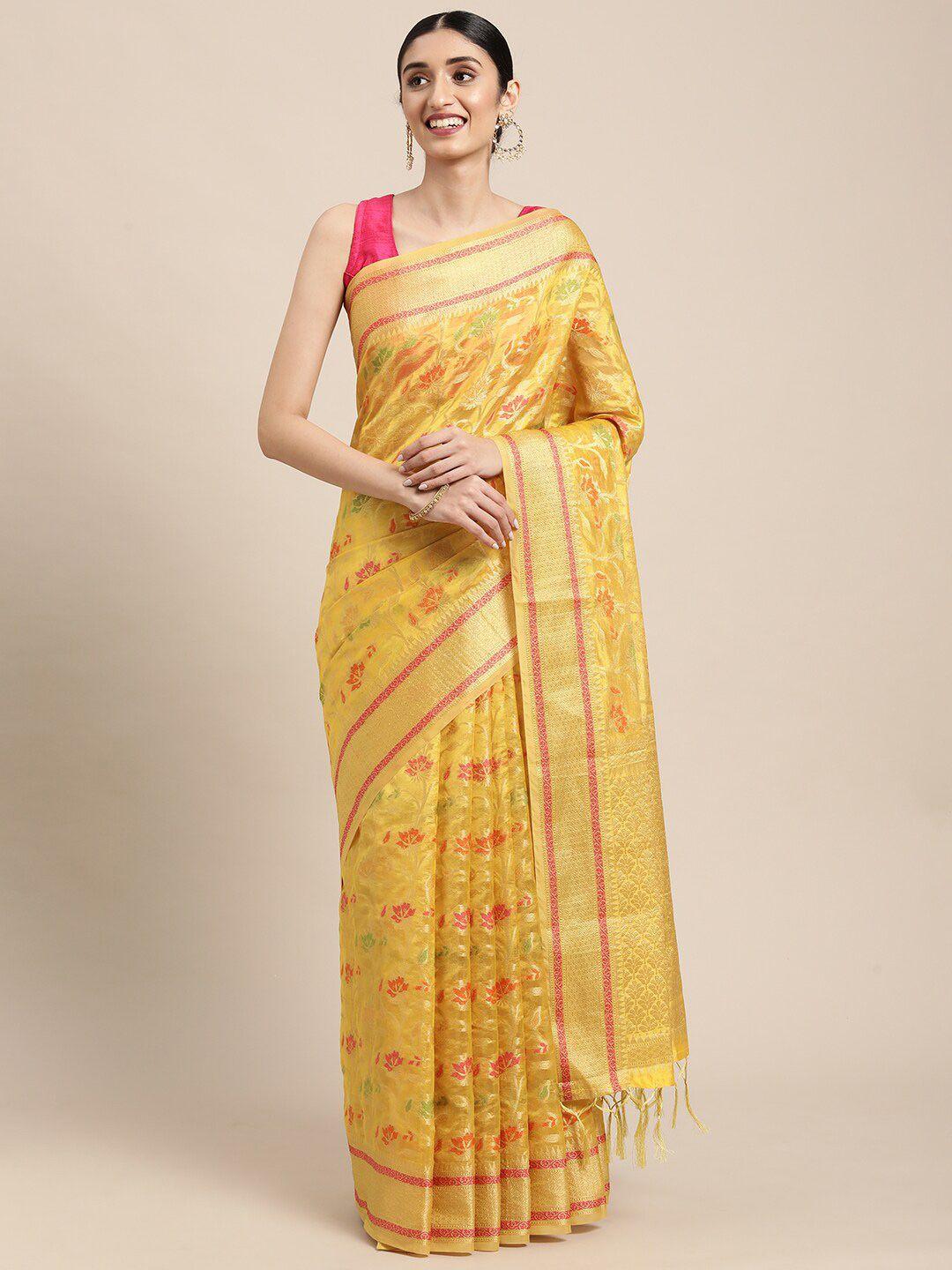 gajarai yellow & gold-toned woven design zari organza banarasi saree