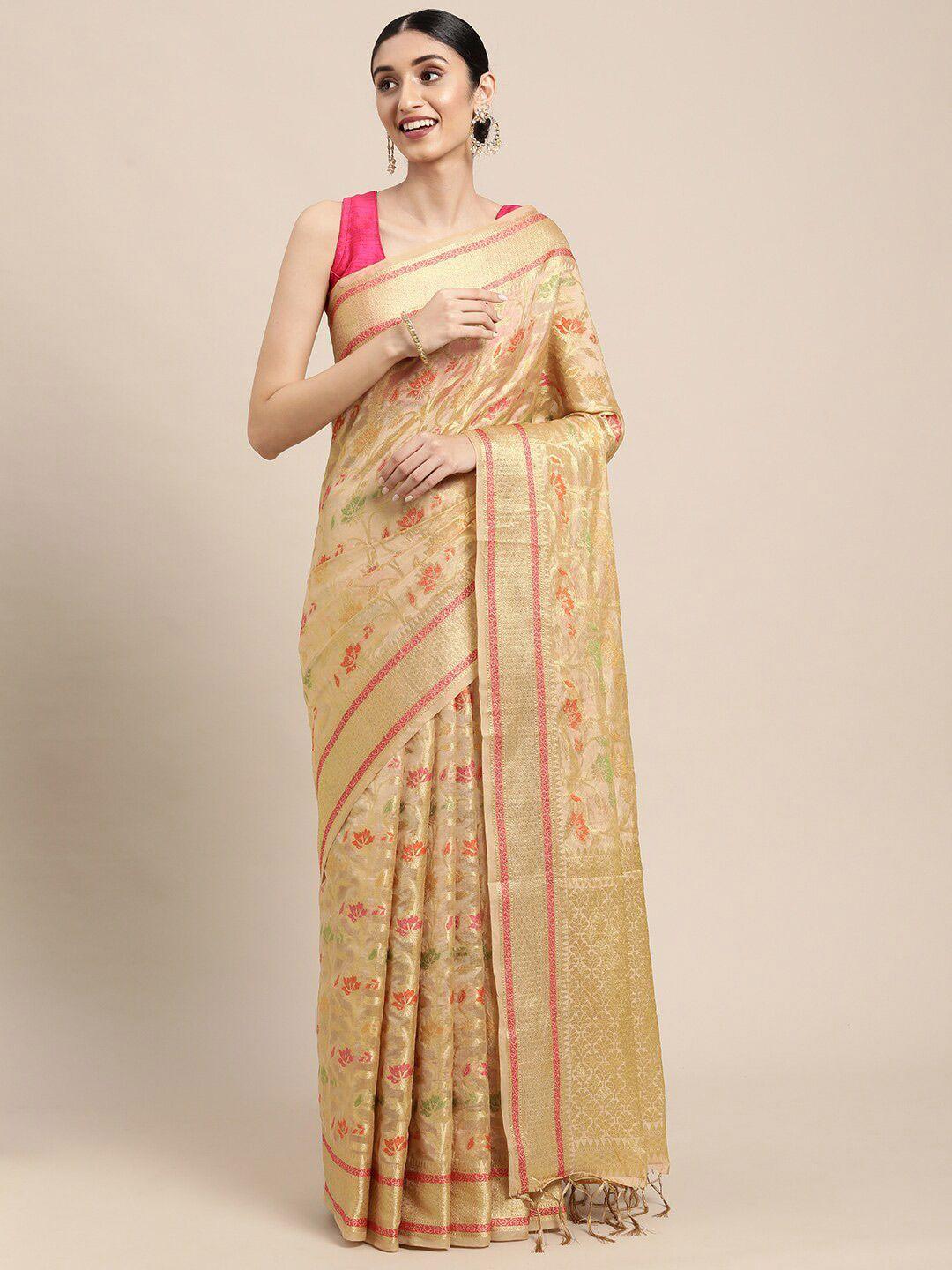 gajarai beige & gold-toned woven design zari organza banarasi saree