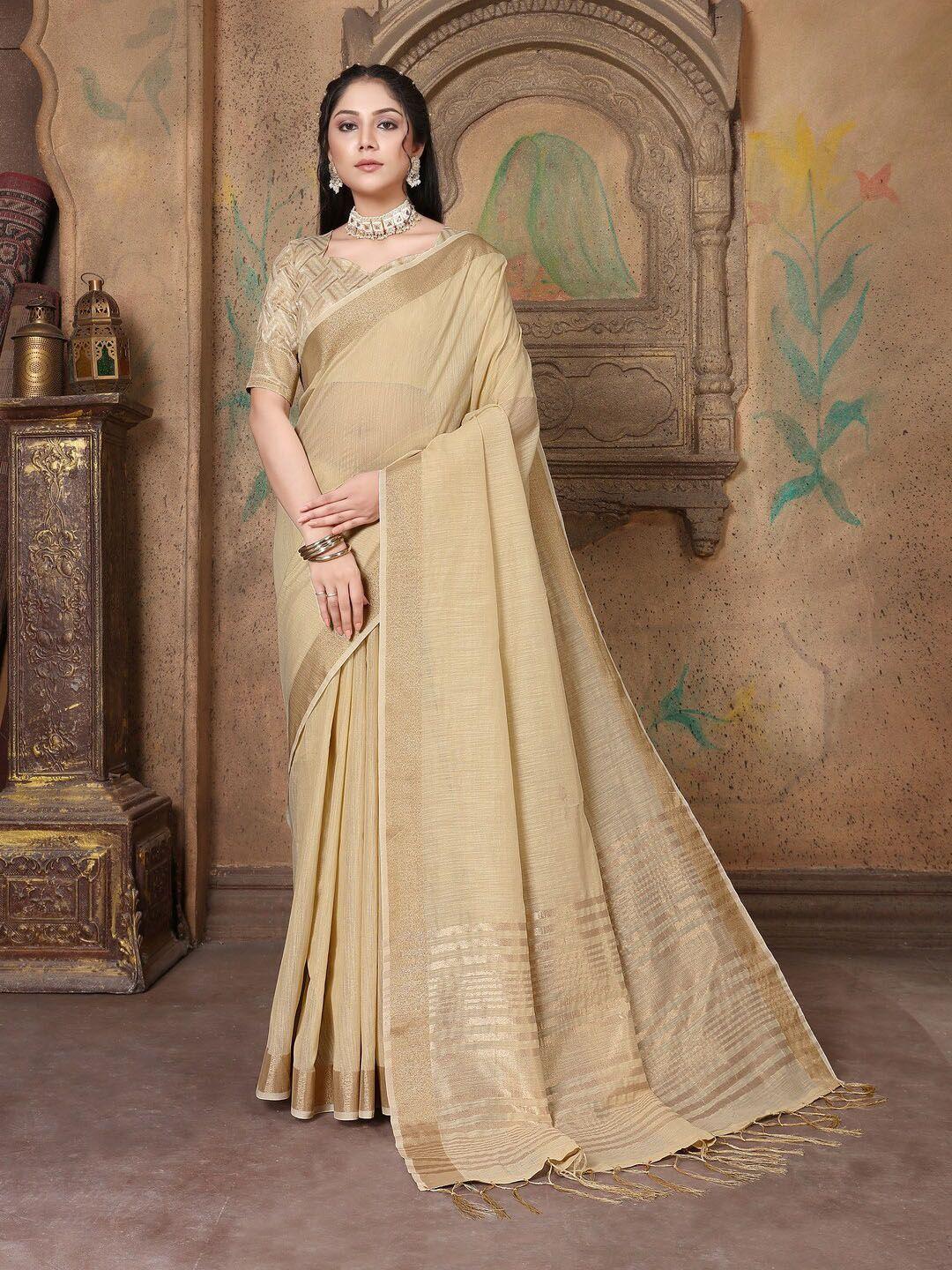 gajarai beige zari pure linen saree