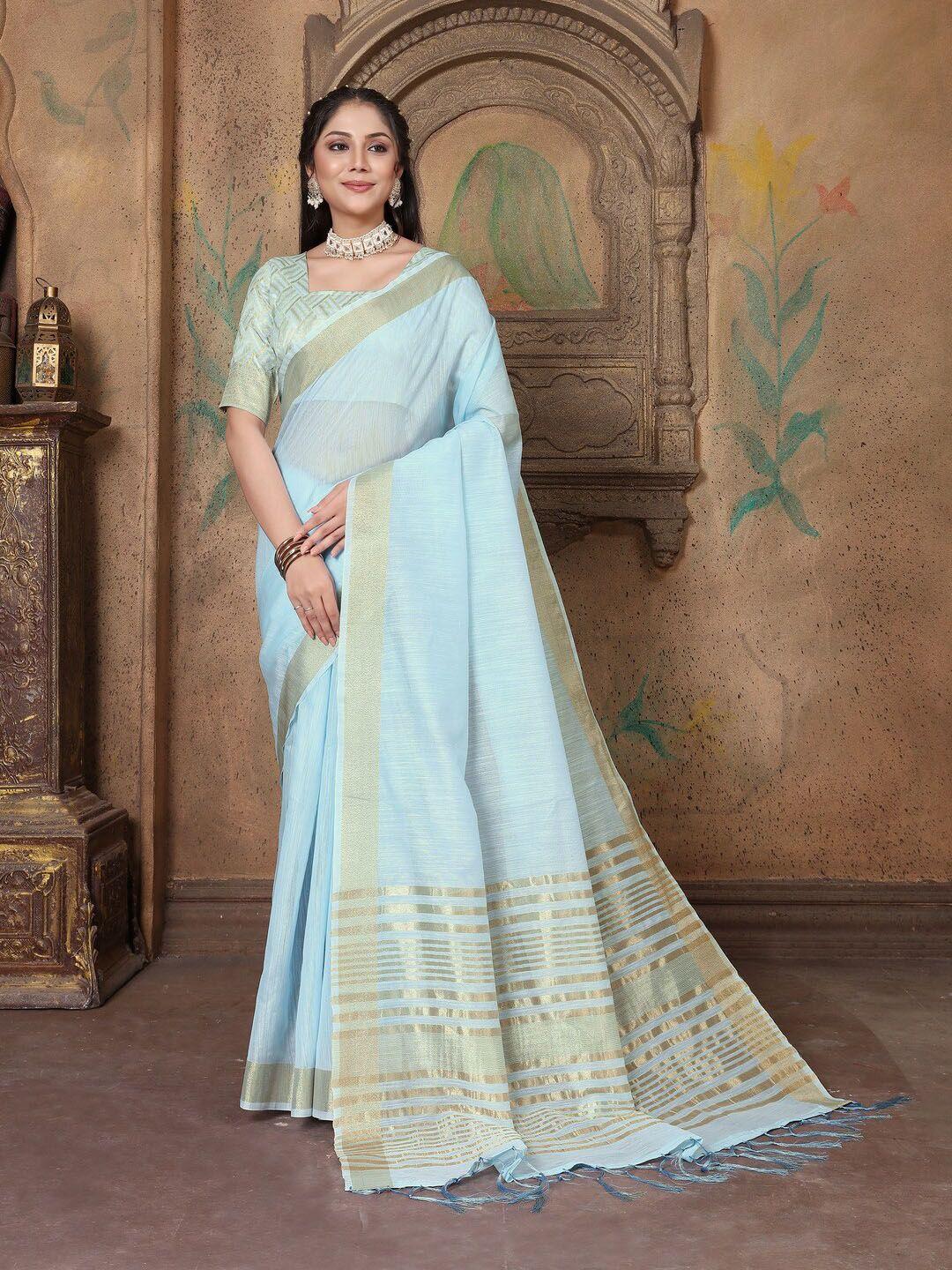 gajarai blue zari pure linen saree