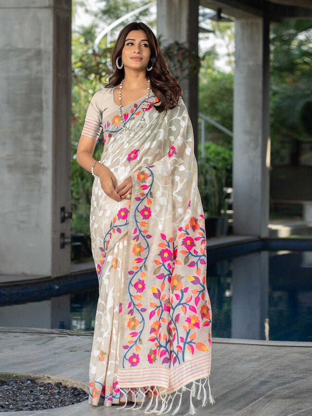 gajarai floral printed pure cotton jamdani saree