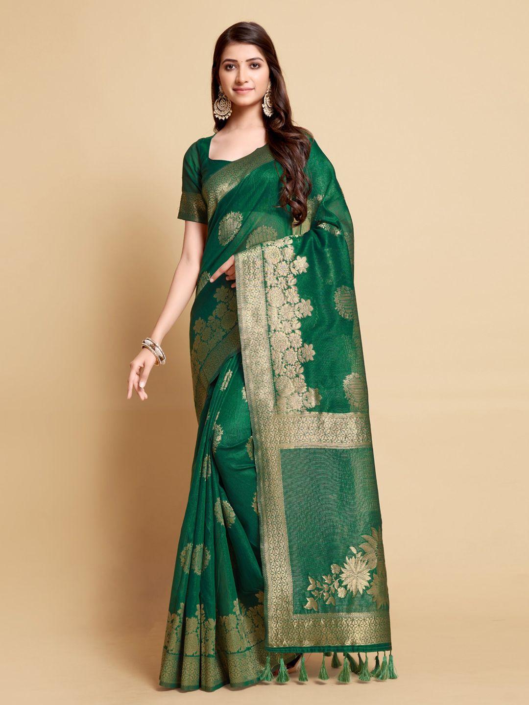 gajarai green & gold-toned woven design zari linen blend kanjeevaram saree