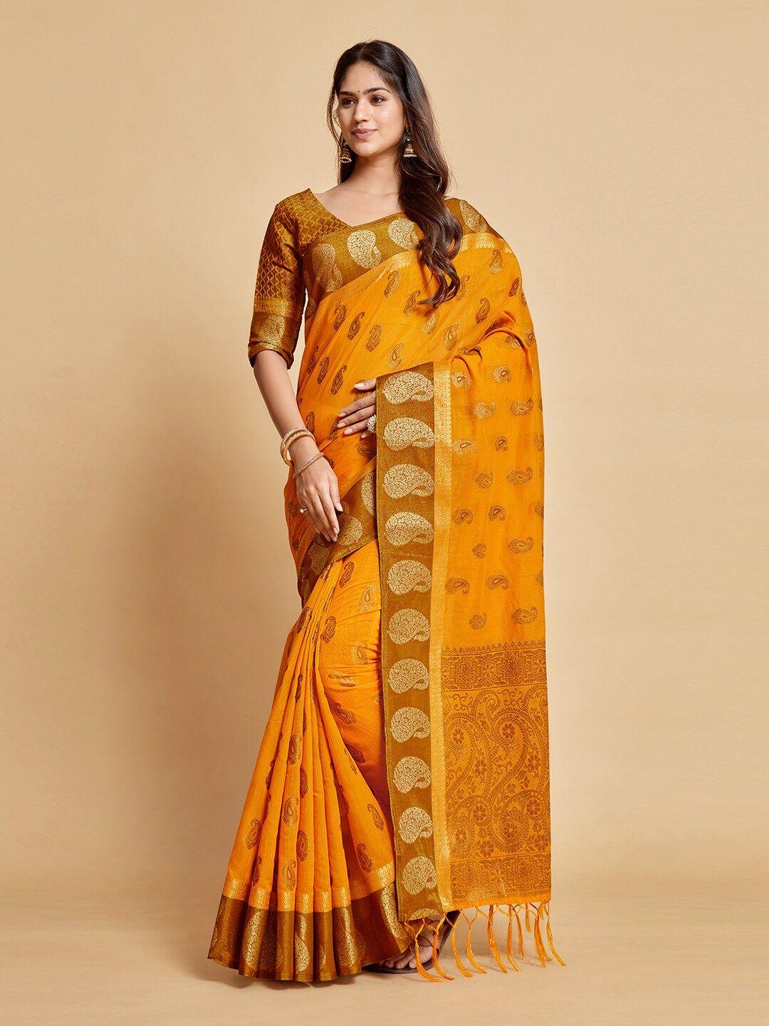 gajarai mustard & gold-toned woven design zari art silk chanderi saree