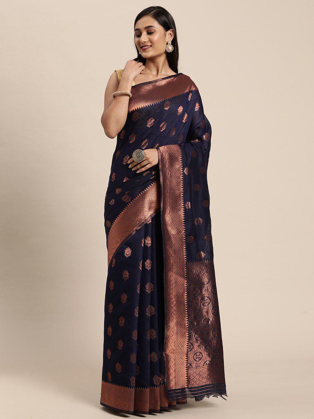 gajarai navy blue & copper-toned woven design zari silk blend banarasi saree