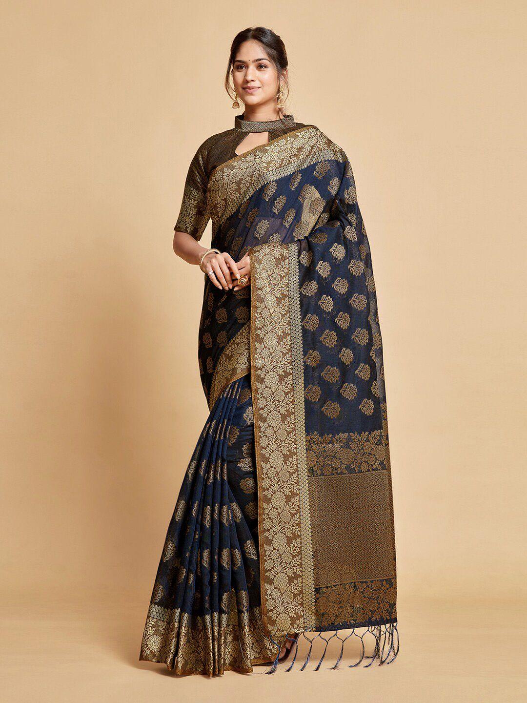 gajarai navy blue & gold-toned ethnic motifs zari art silk chanderi saree