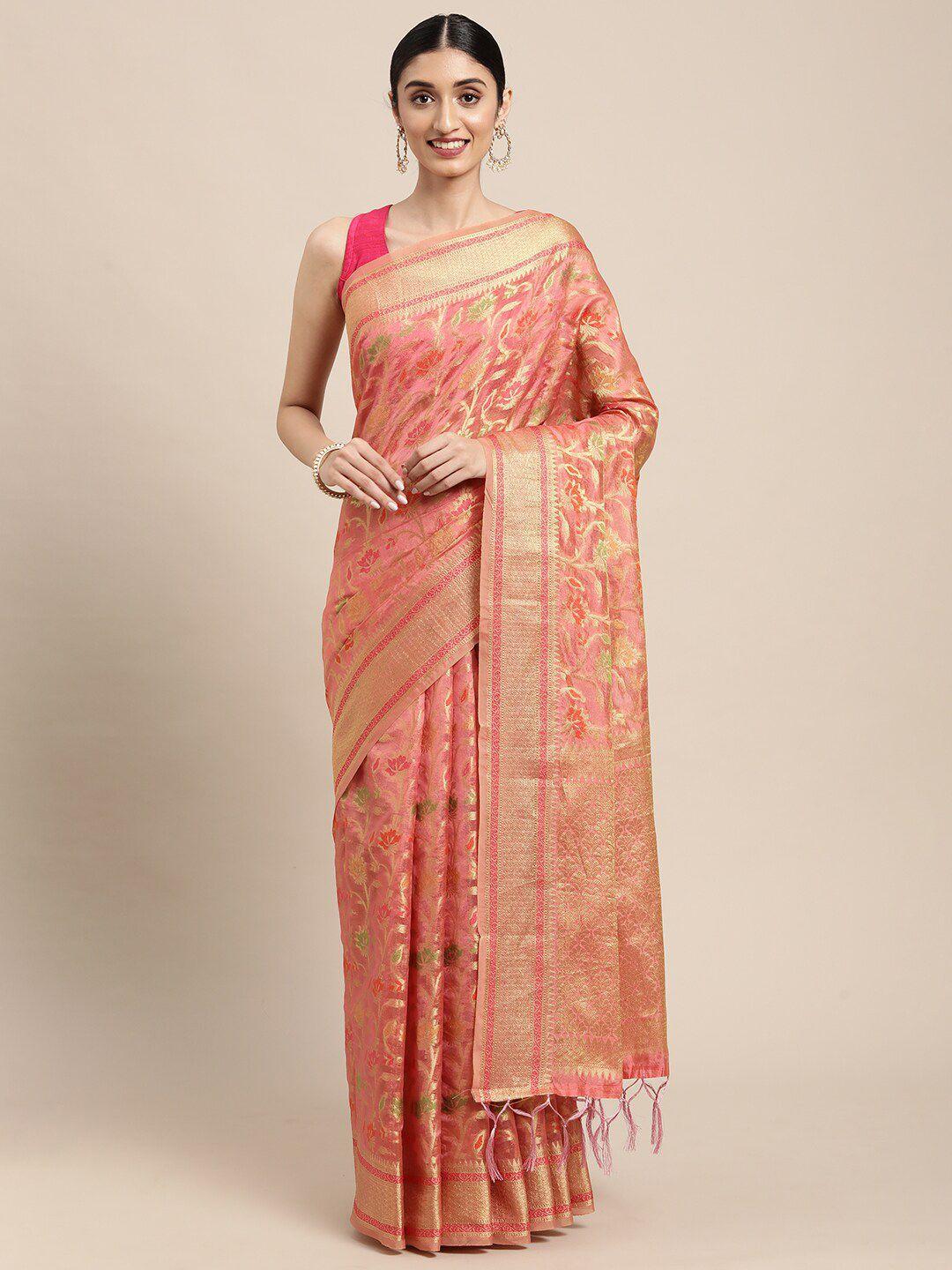 gajarai peach-coloured & gold-toned woven design zari organza banarasi saree