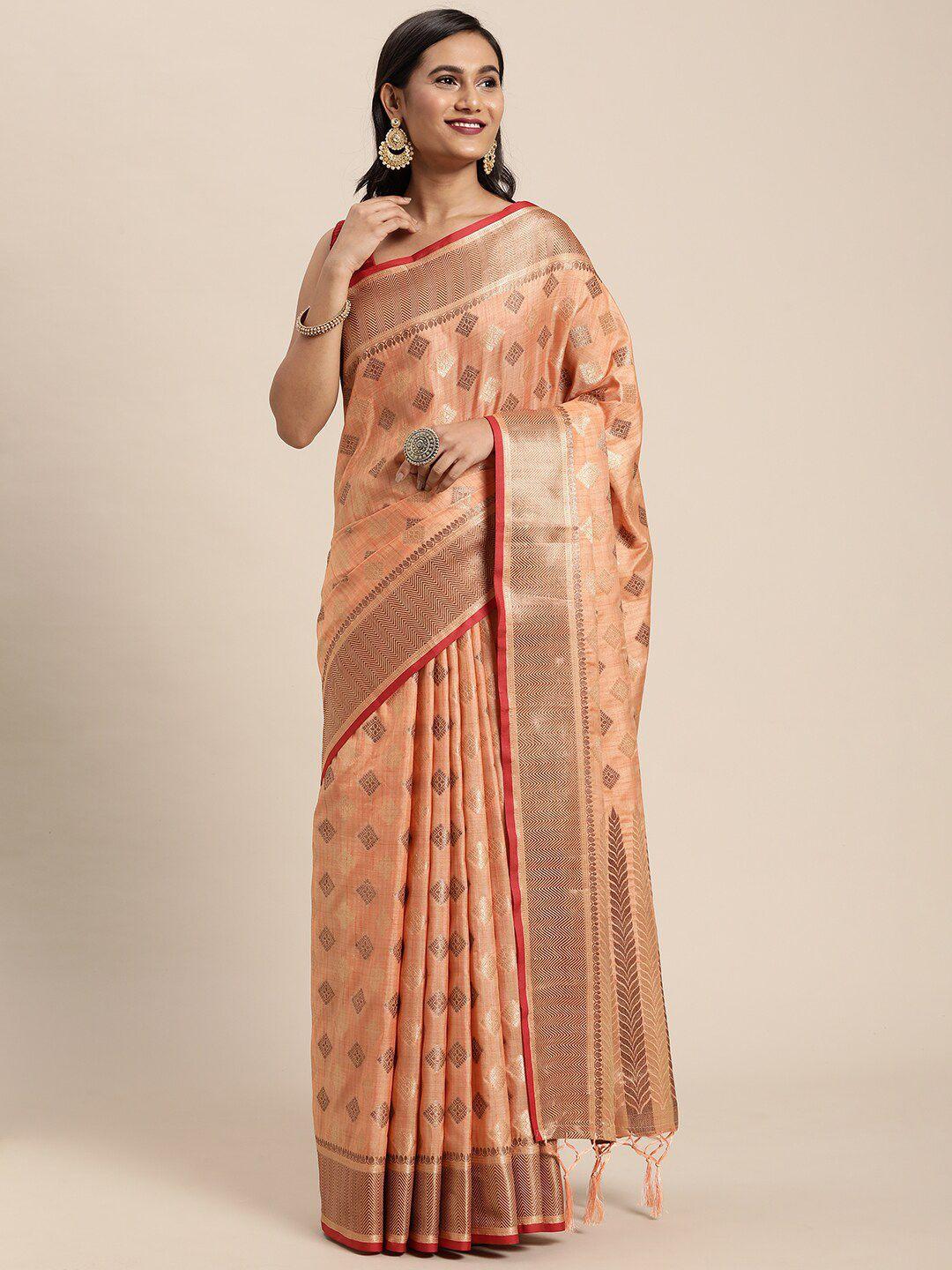 gajarai peach-coloured & pink ethnic motifs zari silk cotton banarasi saree