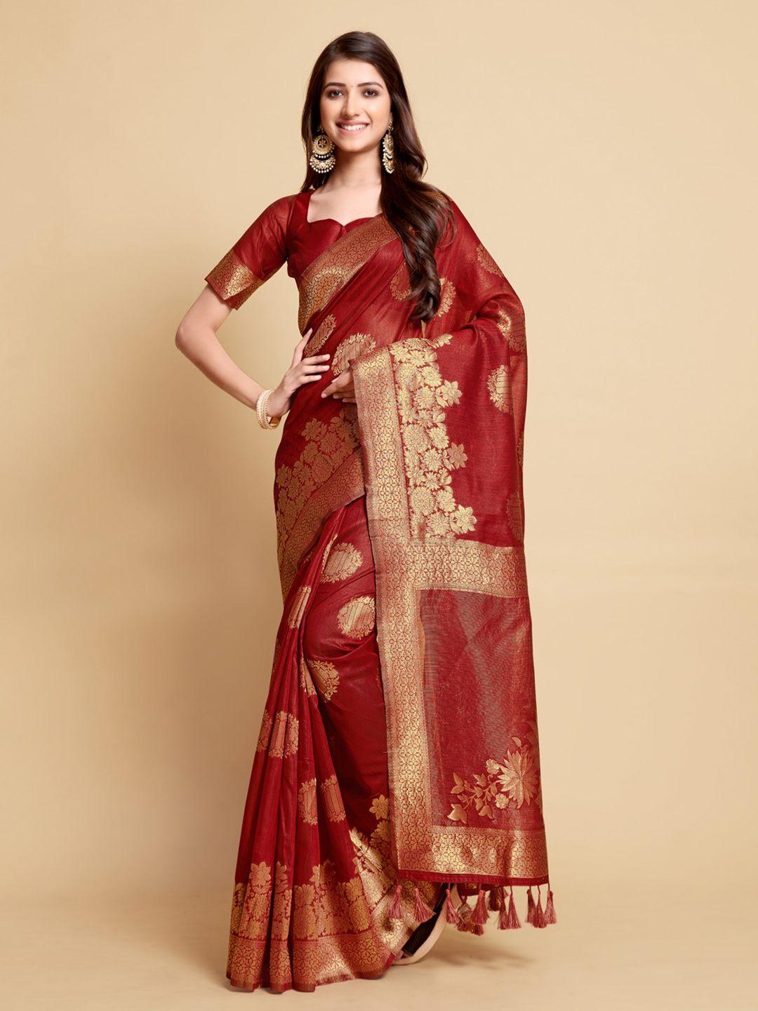 gajarai red & gold-toned woven design zari linen blend kanjeevaram saree