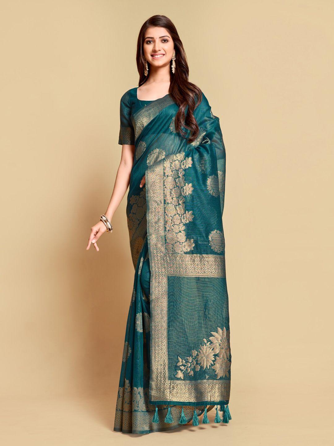 gajarai turquoise blue & gold-toned woven design zari linen blend kanjeevaram saree