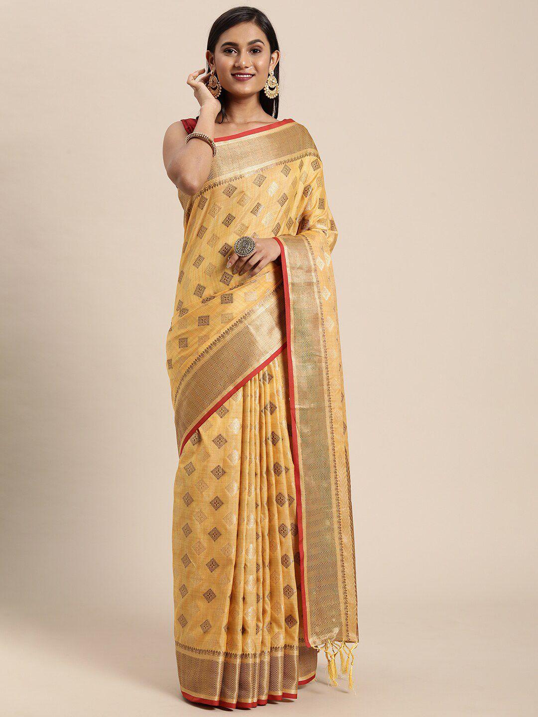 gajarai yellow & pink ethnic motifs zari silk cotton banarasi saree