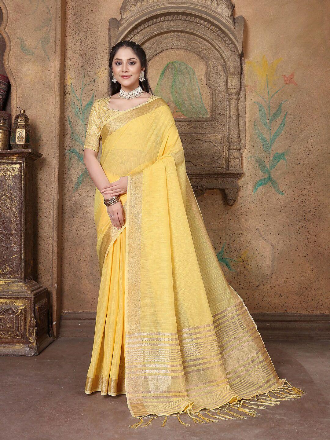 gajarai yellow zari pure linen saree