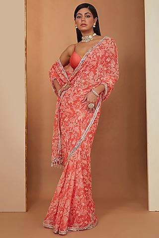 gajari red georgette floral printed & mirror embellished saree set