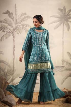 gaji silk printed kurti sharara dupatta set - teal