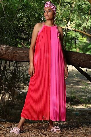 gajjari coral & mithai pink georgette pleated halter dress