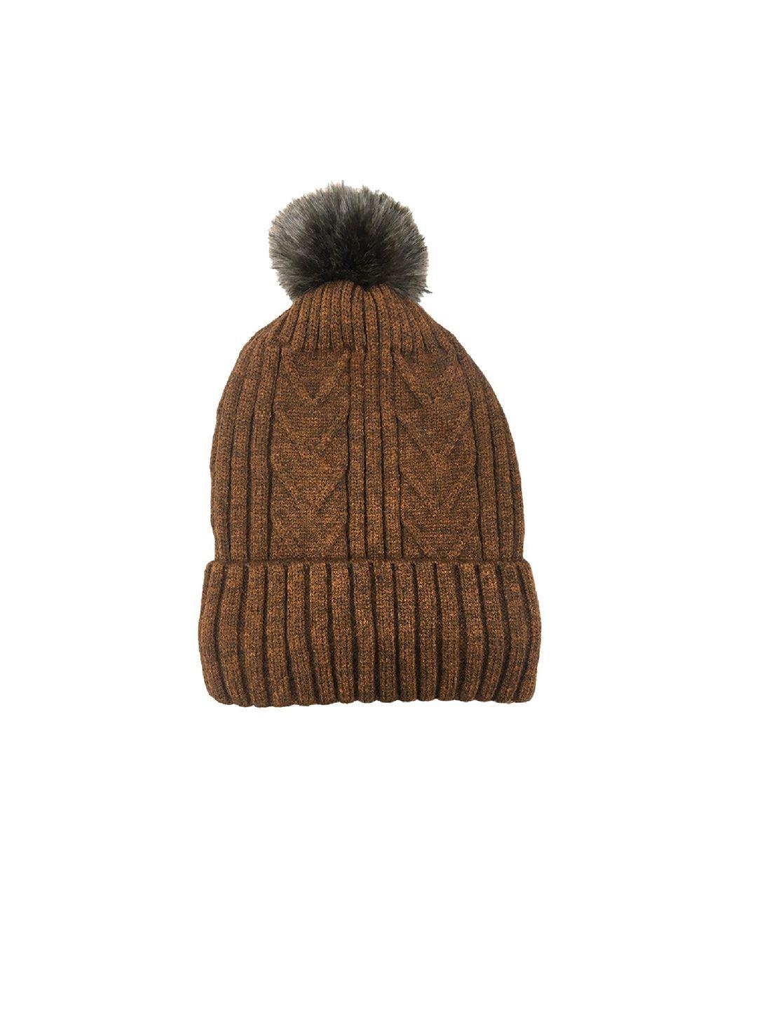 gajraj self design woollen beanie with fur pom pom