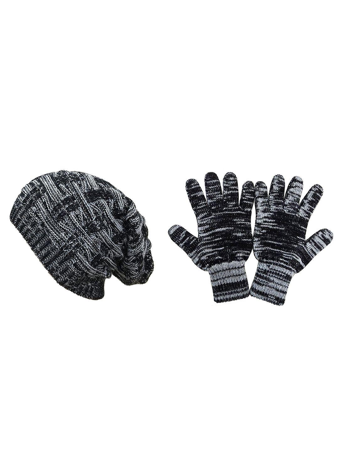 gajraj unisex black & white knit woolen beanie with gloves set