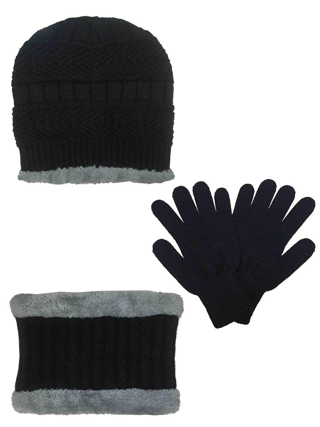 gajraj unisex knit black & grey beanie with neck warmer scarf & hand gloves set