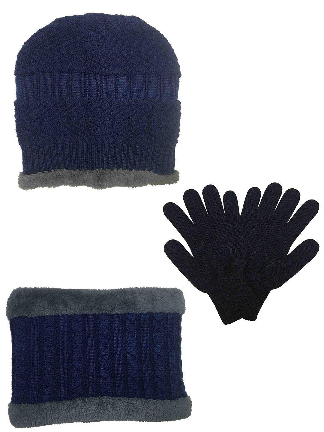 gajraj unisex navy blue beanie cap, neck scarf & gloves set