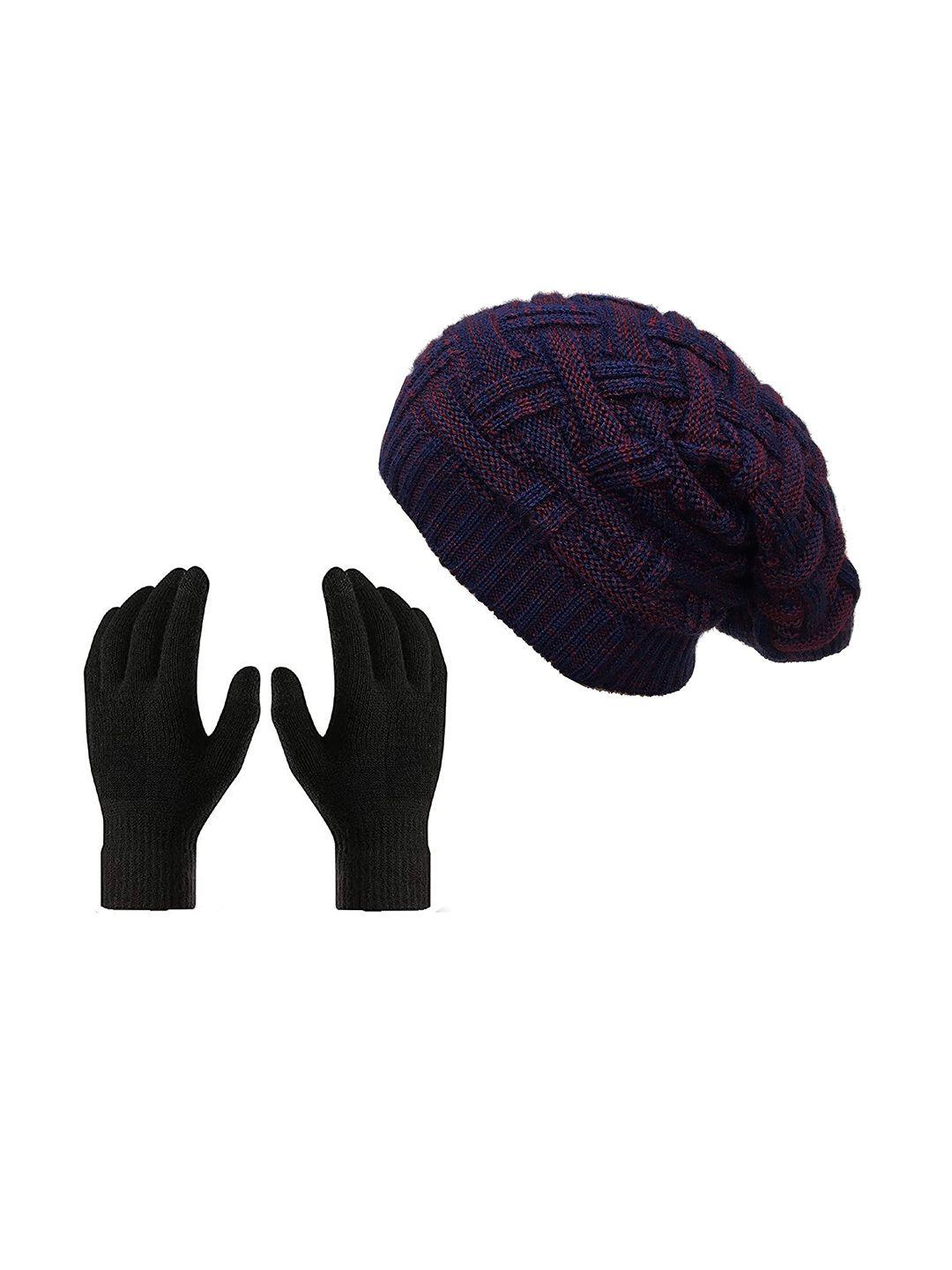 gajraj unisex purple & coral self design beanie cap & gloves set