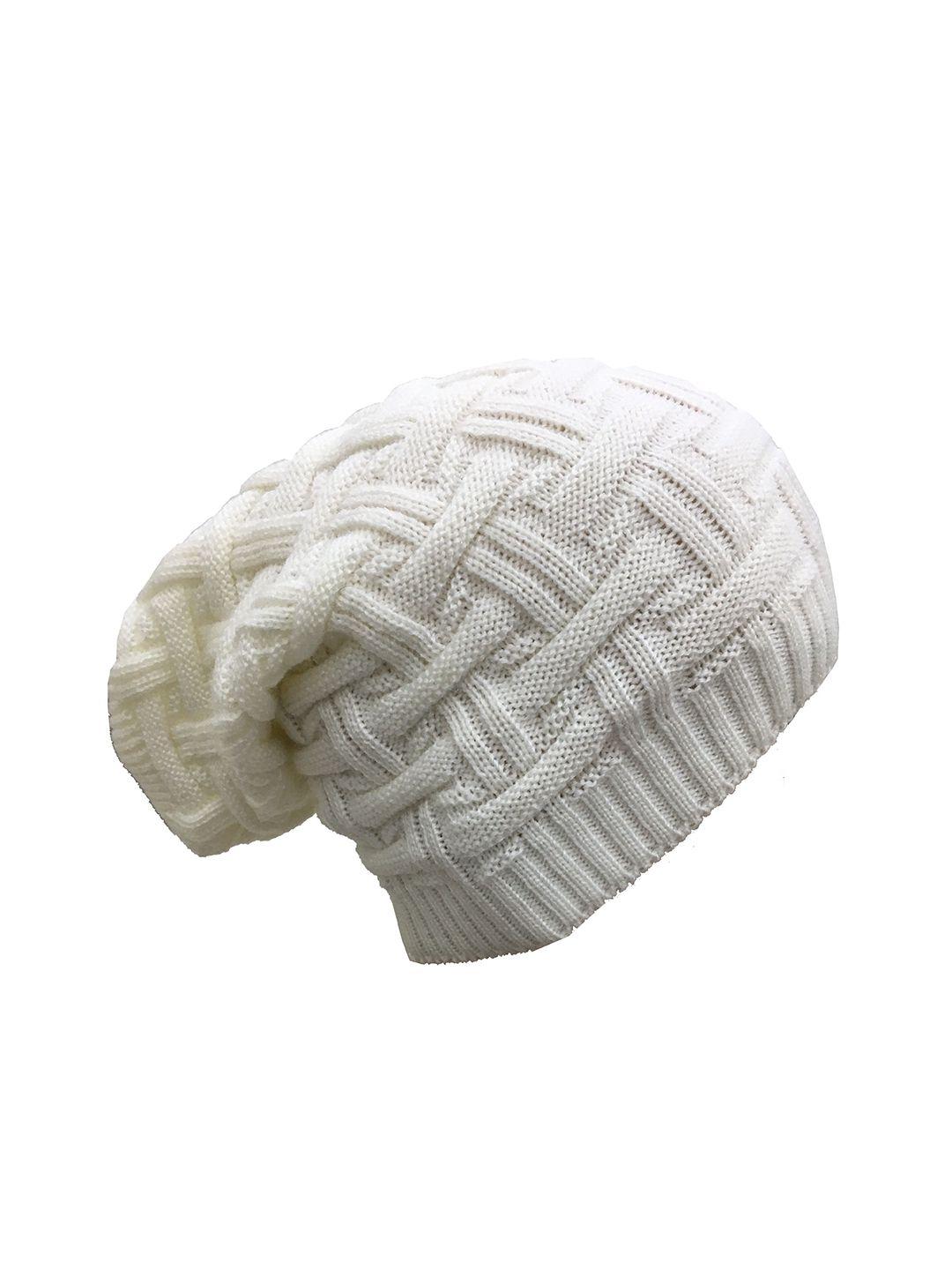 gajraj white self design acrylic beanie cap